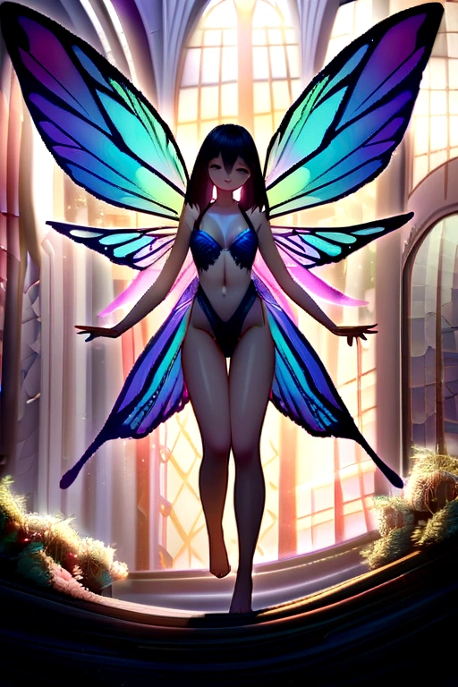 1girl, 23 years old, standing regal with open hands, symmetrical and fractal, multi-color pastel long hair, colorful (1.2), lies in a bird's nest and hatches (1.2), perfect face, sexy linagerie, oil smooth skin, kinky and sexy smile, looking at the viewer, fairy wings, Big fairy wings, multi color pastel feather wings, fairy vibe , background of mystic realm and magic, the particles of magic light with multi color , wind forming particles in seamless fractal pattern, warm light, epic scene , HDR+, extreme detailed ,Nikon D850, masterpiece, devianart, photo-real painting