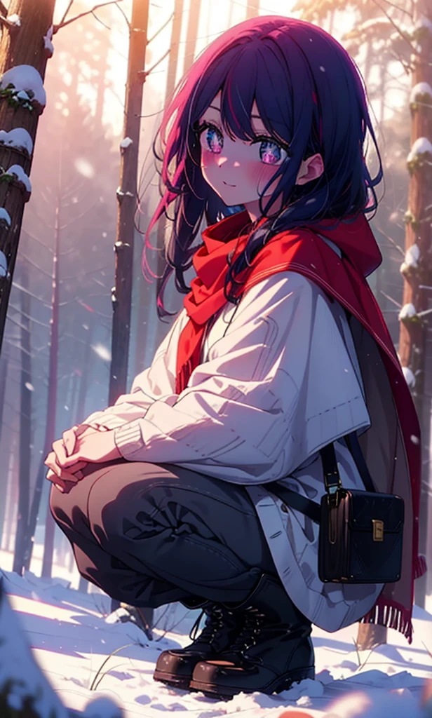 aihoshino, Ai Hoshino, Long Hair, bangs, (Purple eyes:1.1), Purple Hair, (Symbol-shaped pupil:1.5), smile,,smile,blush,White Breath,
Open your mouth,snow,Ground bonfire, Outdoor, boots, snowing, From the side, wood, suitcase, Cape, Blurred, , forest, White handbag, nature,  Squat, Mouth closed, Cape, winter, Written boundary depth, Black shoes, red Cape break looking at viewer, Upper Body, whole body, break Outdoor, forest, nature, break (masterpiece:1.2), Highest quality, High resolution, unity 8k wallpaper, (shape:0.8), (Beautiful and beautiful eyes:1.6), Highly detailed face, Perfect lighting, Extremely detailed CG, (Perfect hands, Perfect Anatomy),