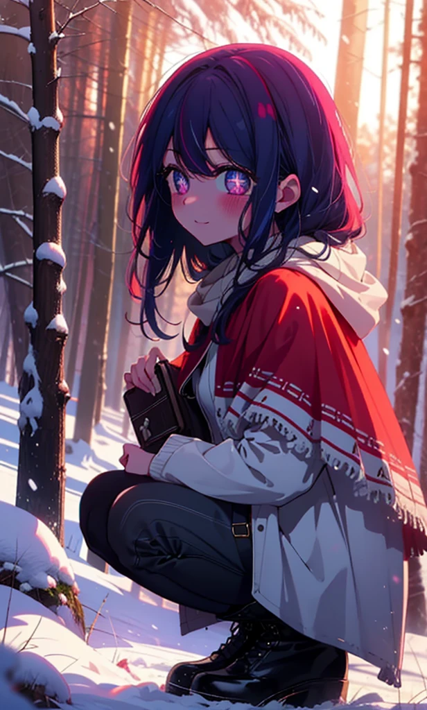 aihoshino, Ai Hoshino, Long Hair, bangs, (Purple eyes:1.1), Purple Hair, (Symbol-shaped pupil:1.5), smile,,smile,blush,White Breath,
Open your mouth,snow,Ground bonfire, Outdoor, boots, snowing, From the side, wood, suitcase, Cape, Blurred, , forest, White handbag, nature, Squat, Mouth closed, Cape, winter, Written boundary depth, Black shoes, red Cape break looking at viewer, Upper Body, whole body, break Outdoor, forest, nature, break (masterpiece:1.2), Highest quality, High resolution, unity 8k wallpaper, (shape:0.8), (Beautiful and beautiful eyes:1.6), Highly detailed face, Perfect lighting, Extremely detailed CG, (Perfect hands, Perfect ???????),