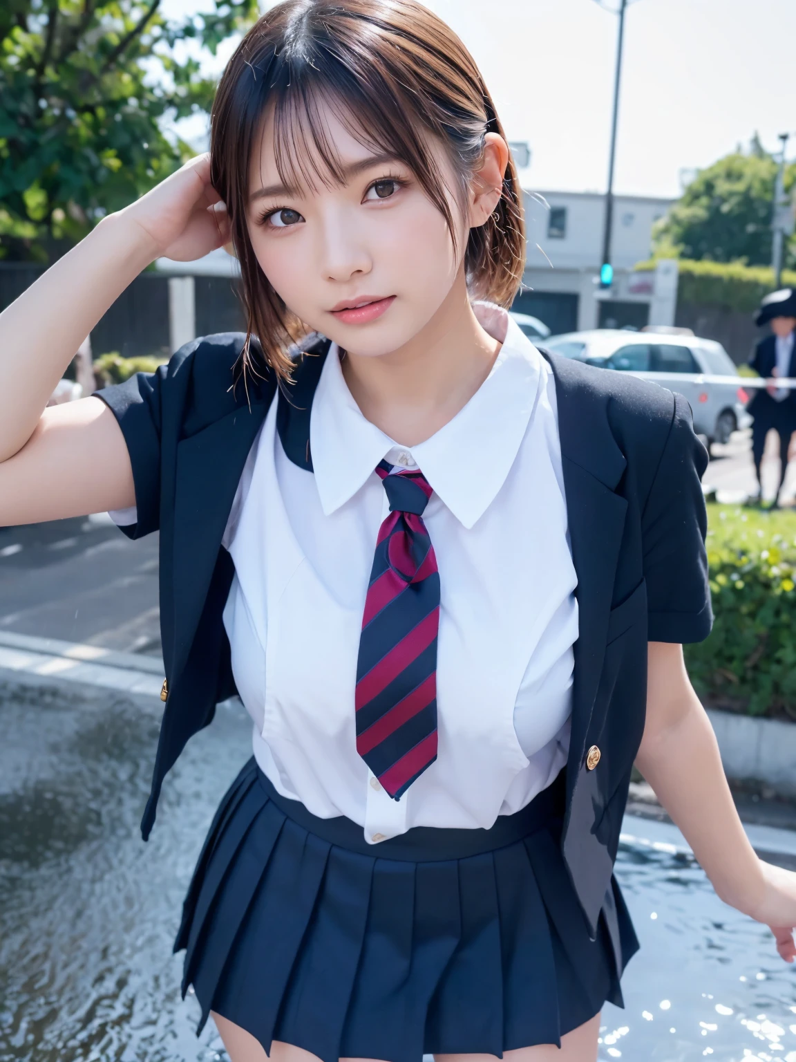 masterpiece, best quality, illustration, Super detailed, fine details, High resolution, 8K,wall paper, perfect dynamic composition,(Details High quality, realistic depiction of eyes:1.3), (2 girls, 2 schoolgirls:1.2), from side, High School Classroom、High school girl uniform、blazer 、Super Short Check Uniform Skirt、Navy blue high socks、garterbelts、Colossal tits、Disturbed uniform, short bob hair, black hair color, huge breasts, Big Natural Color Lip, bold sexy pose, (perfect body shape), crying a little、 Harajuku style、20 year old girl、 beautiful legs, hposing Gravure Idol, Voluptuous thighs