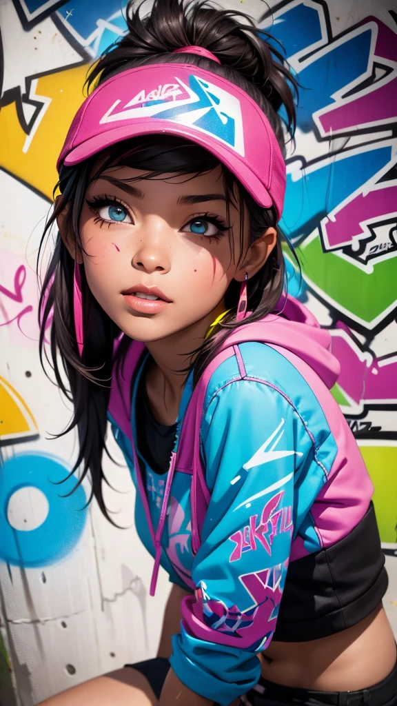 (best quality), (high detail), (vivid colors), (graffiti style), (freestyle), (Close up), (1girl), young sexy female graffiti artist, spraying graffiti on a wall painted with street art, HDR, 8K, 3D, graffiti art style.