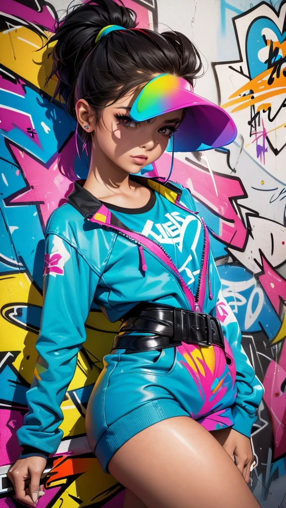 (best quality), (high detail), (vivid colors), (graffiti style), (freestyle), (Close up), (1girl), young sexy female graffiti artist, spraying graffiti on a wall painted with street art, HDR, 8K, 3D, graffiti art style.