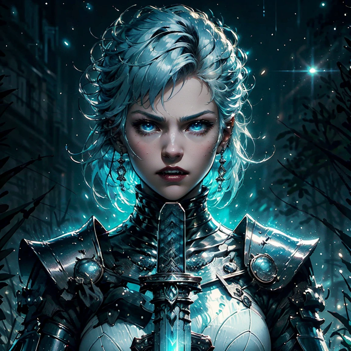 1girl, (solo), short curly hair, golden hair, small breasts, light blue eyes, small size, fair skin, serious face, (fangs), (Light blue armor plate), (PlantedSword:1.2), magical, ice, swordup, full body, kneeling, (night), blood moon, medieval town, forest behind, (very sexy body, detailed face, masterpiece, highly detailed, 8k, best quality, vibrant colors, digital art, concept art).