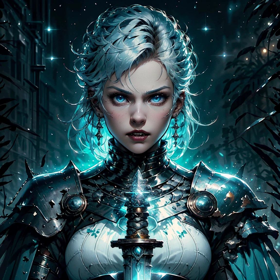 1girl, (solo), short curly hair, golden hair, small breasts, light blue eyes, small size, fair skin, serious face, (fangs), (Light blue armor plate), (PlantedSword:1.2), magical, ice, swordup, full body, kneeling, (night), blood moon, medieval town, forest behind, (very sexy body, detailed face, masterpiece, highly detailed, 8k, best quality, vibrant colors, digital art, concept art).