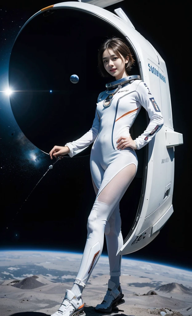 best quality、masterpiece、Ultra-high resolution、(real:1.4)、(full-body shot)20 Years Old Beautiful Korean Woman1、Beautiful details of the eyes and skin、Silver short hair、Little Smile、The perfect space suit、spaceship、remains、Space background