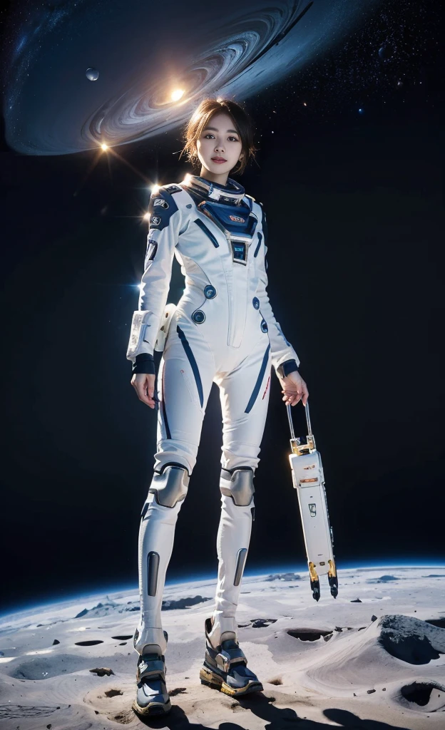 best quality、masterpiece、Ultra-high resolution、(real:1.4)、(full-body shot)20 Years Old Beautiful Korean Woman1、Beautiful details of the eyes and skin、Silver short hair、Little Smile、The perfect space suit、spaceship、remains、Space background