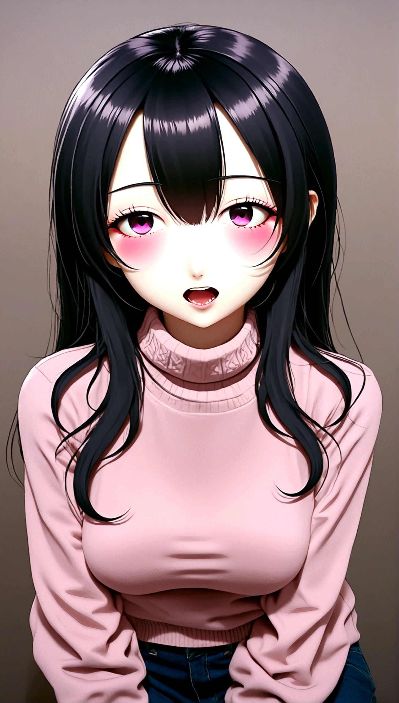 A girl，黑色Long hair，Pink shirt，Bangs，Black Hair，Blush，breast，大breast，Long hair，Looking at the audience，open mouth，粉红色sweater，solo，sweater