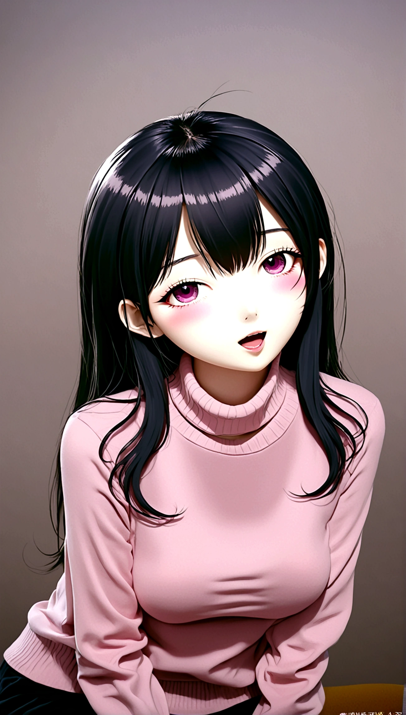 A girl,黑色Long hair,Pink shirt,Bangs,Black Hair,Blush,breast,大breast,Long hair,Looking at the audience,open mouth,粉红色sweater,solo,sweater