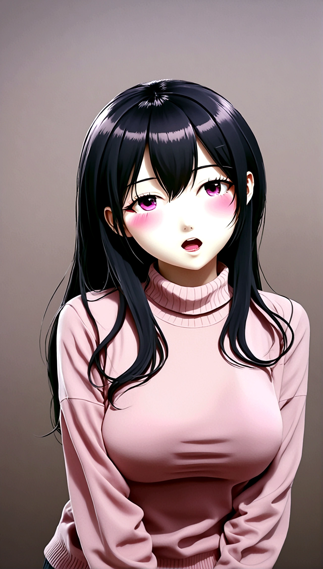 A girl,黑色Long hair,Pink shirt,Bangs,Black Hair,Blush,breast,大breast,Long hair,Looking at the audience,open mouth,粉红色sweater,solo,sweater