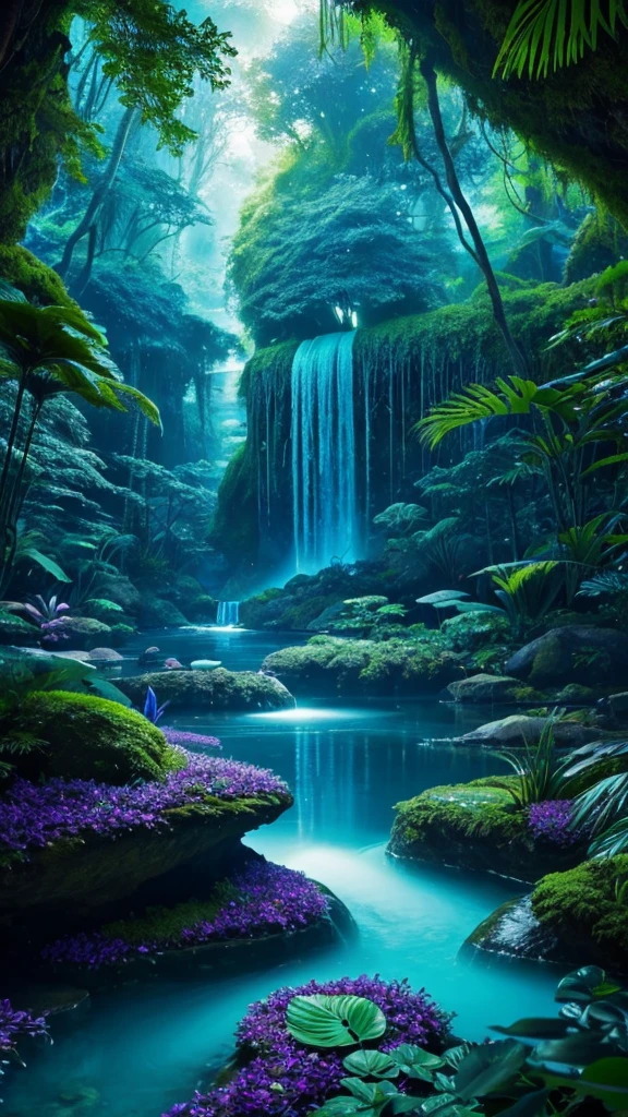 Ethereal rainforest, otherworldly dimension, vibrant greens and blues, glowing bioluminescent plants, surreal waterfall, cascading into a luminous blue pool, otherworldly flora, intricate alien trees, transcendent ambiance, celestial glow, balanced composition, shimmering light particles, mystical atmosphere, delicate plant textures, soft gradients, otherworldly fauna, surreal wildlife, floating islands, vivid color palette, transcendent realism, dreamlike reflections, dynamic light interplay, atmospheric depth, magical realism, engaging visual elements, surreal harmony, alien landscape, captivating and mystical, transcendental art, immersive and enchanting, otherworldly tranquility, artistic blend of reality and fantasy.