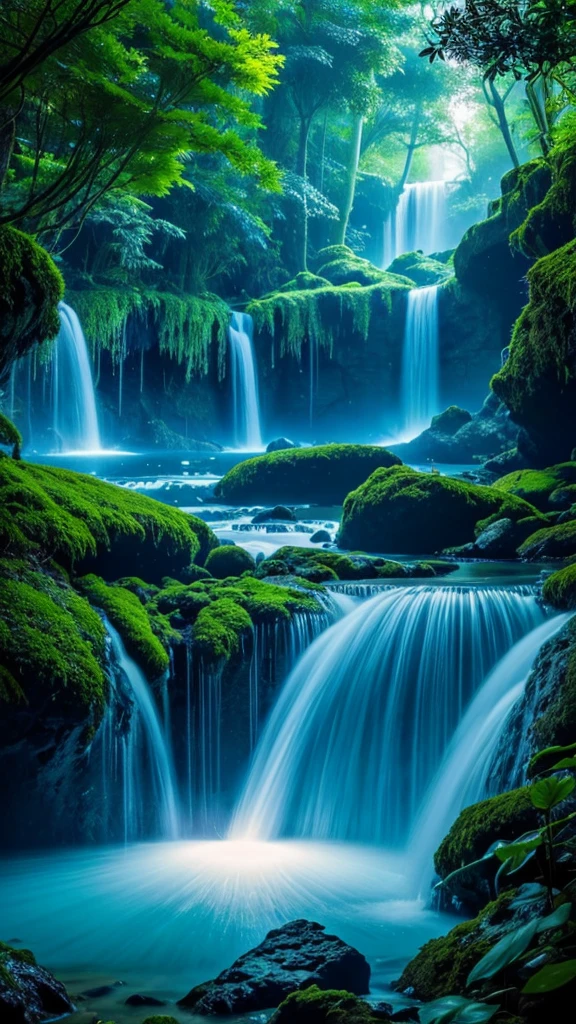 Ethereal rainforest, otherworldly dimension, vibrant greens and blues, glowing bioluminescent plants, surreal waterfall, cascading into a luminous blue pool, otherworldly flora, intricate alien trees, transcendent ambiance, celestial glow, balanced composition, shimmering light particles, mystical atmosphere, delicate plant textures, soft gradients, otherworldly fauna, surreal wildlife, floating islands, vivid color palette, transcendent realism, dreamlike reflections, dynamic light interplay, atmospheric depth, magical realism, engaging visual elements, surreal harmony, alien landscape, captivating and mystical, transcendental art, immersive and enchanting, otherworldly tranquility, artistic blend of reality and fantasy.