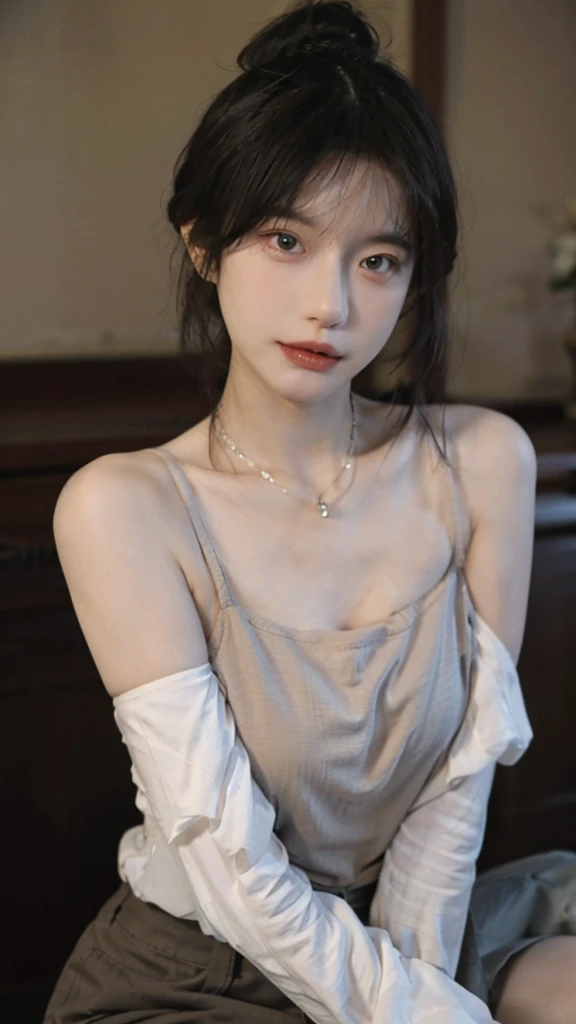 Film portrait photography, 1 girl, bare shoulders,lipstick,(flat chest:1.4), wear necklace,Big breasts,Cute expression,Exquisite makeup,Red suspenders,serene, calm, (Realistic and detailed eyes, natural skin texture, Realistic facial details), Soft dramatic lighting, depth of field, Bokeh, Vibrant details, Detailed and detailed, surreal, 35mm film, hazy, ,