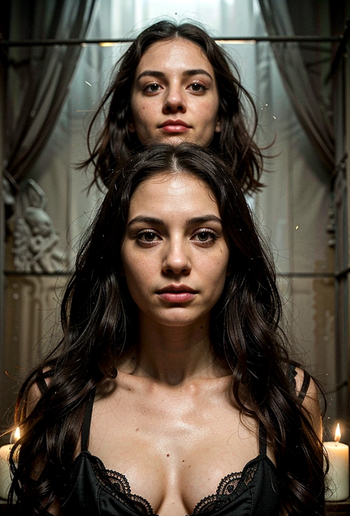 A woman with long hair and black eyes is the central focus. She is in a dark and frightening environment, surrounded by an atmosphere of palpable horror. The lighting is low, with deep shadows and macabre details that increase the feeling of fear. Elements such as melted candles, cobwebs, and ancient and mysterious symbols may be present to add to the ambiance. The woman's expression is enigmatic, suggesting both imminent danger and a dark secret she harbors.