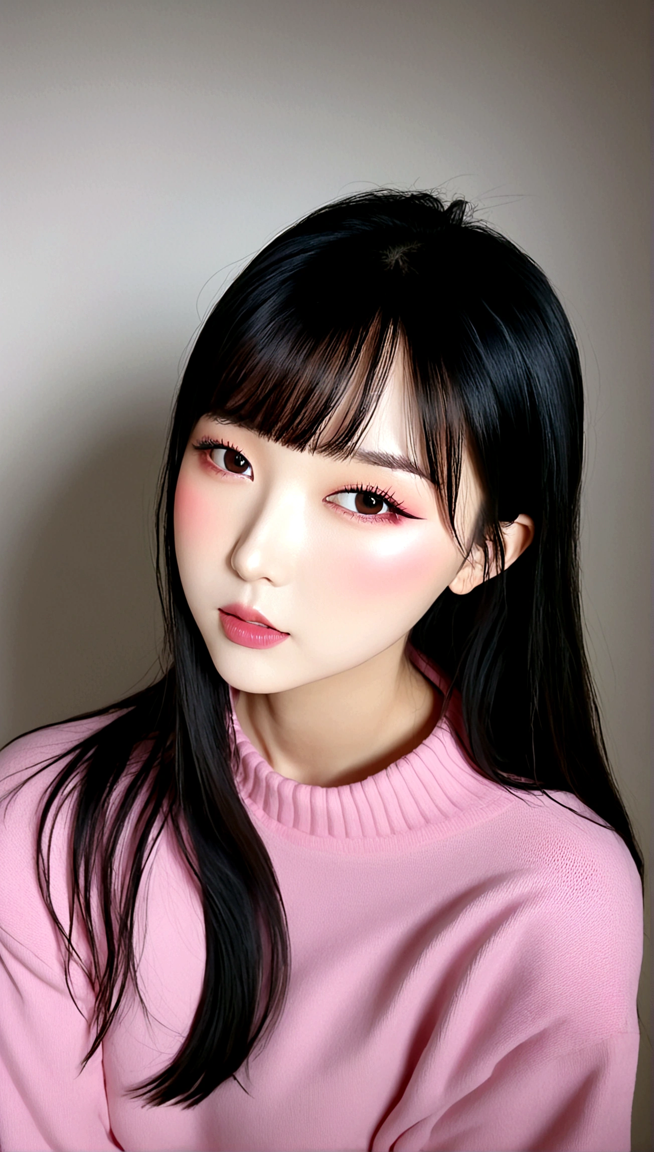 A girl,黑色Long hair,Pink shirt,Bangs,Black Hair,Blush,breast,大breast,Long hair,Looking at the audience,open mouth,粉红色sweater,solo,sweater