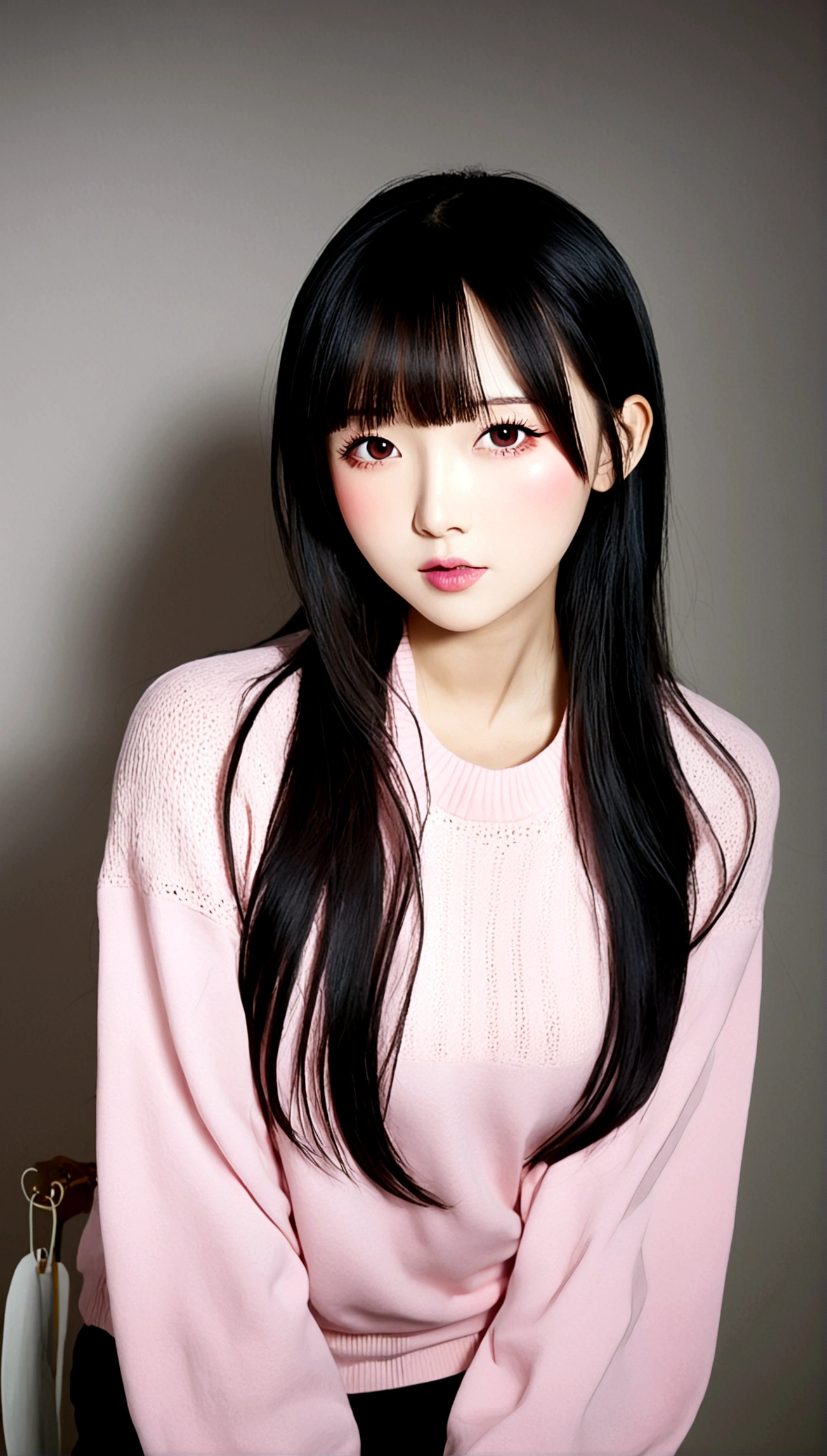 A girl，黑色Long hair，Pink shirt，Bangs，Black Hair，Blush，breast，大breast，Long hair，Looking at the audience，open mouth，粉红色sweater，solo，sweater