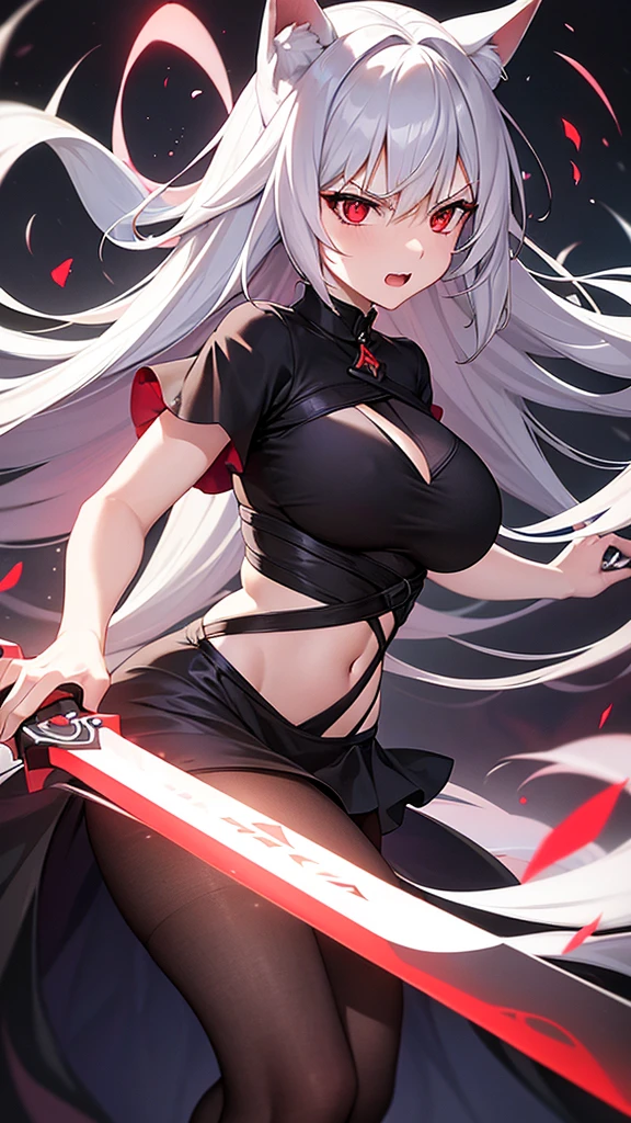 An adult woman half fox and wolf, wide breasts, red eyes, white hair, very angry, in a black little open dress, holding a sword