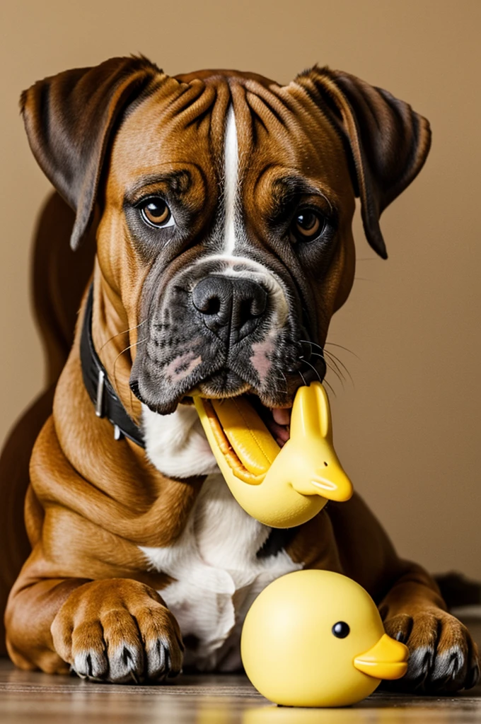 Funny boxer dog with yellow squeaky duck toy in mouth
