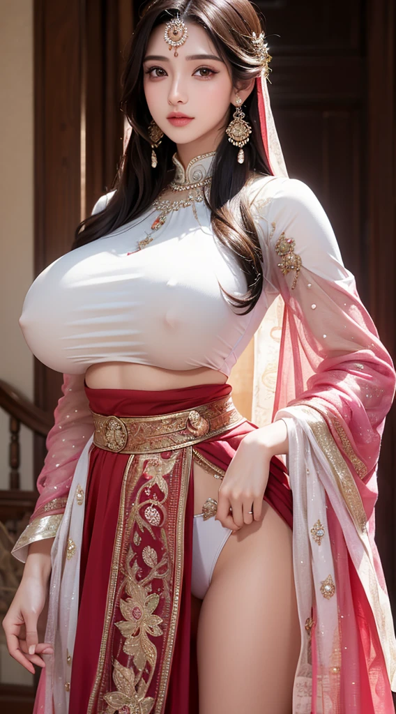 1girl, cute face,pretty face, jaw dropping beauty, Indian clothes, perfect beautiful eyes, ((ultra high detailed 1.9)),((ultra high resolution 1.9)),((ultra high quality 1.9)),(masterpiece)), (perfect lightings), (very Big breasts 1.9)), ultra huge breast,  pussy is visible 