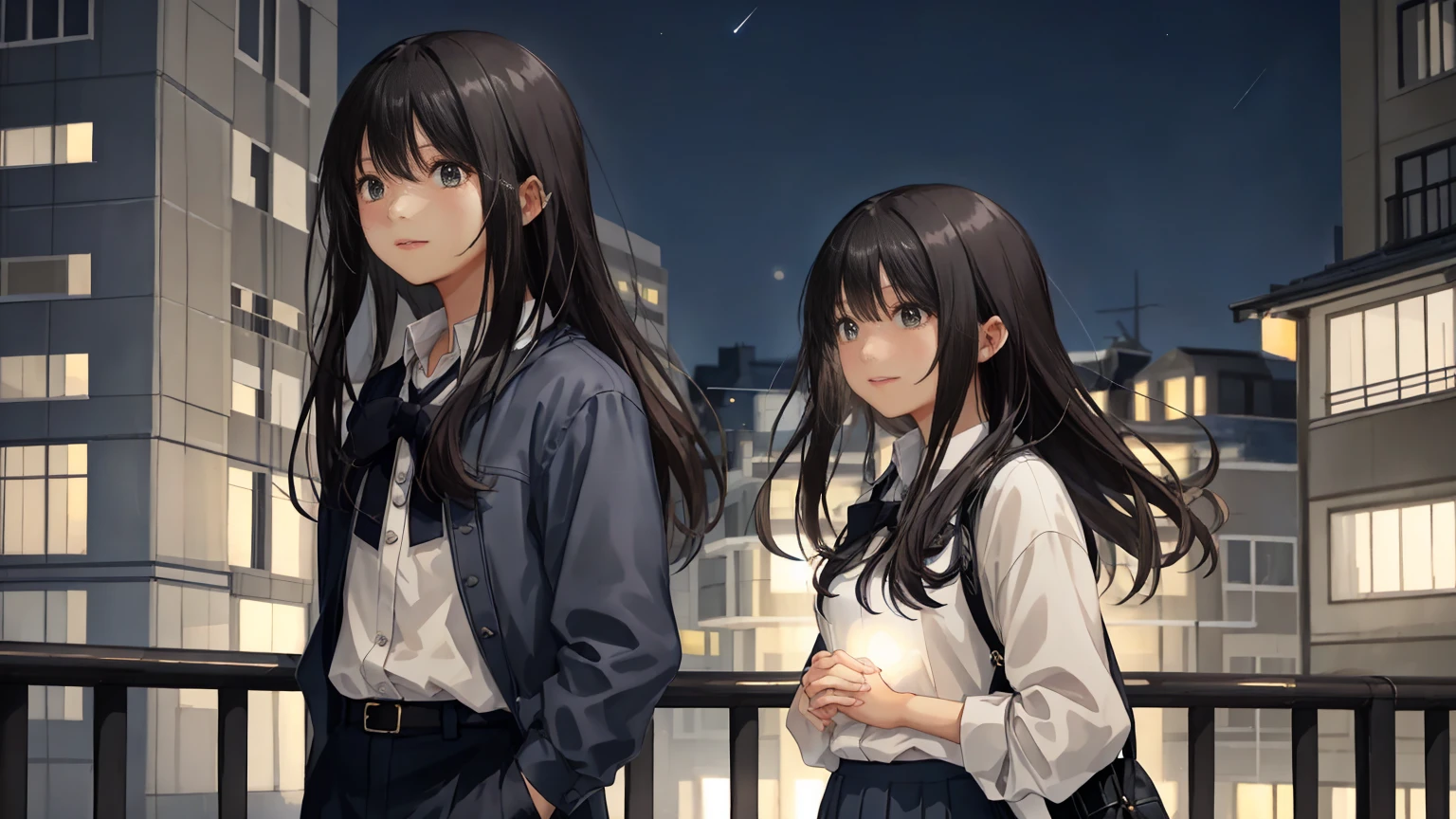A cool breeze blows between the buildings in a summer night city background。The two figures are illuminated by the soft lights of the building, creating a fantastic atmosphere.２Shot shows a young man and a young woman standing facing forward。The woman is cute and relaxed as she looks up at the night sky.、She is wearing a cute light colored casual shirt and skirt.、Long black hair fluttering in the wind、Holding back her flowing hair with her hands。He has a short, neat hairstyle、A handsome man with a sharp jaw and a sweet smile、A young man has his hands in his pockets。