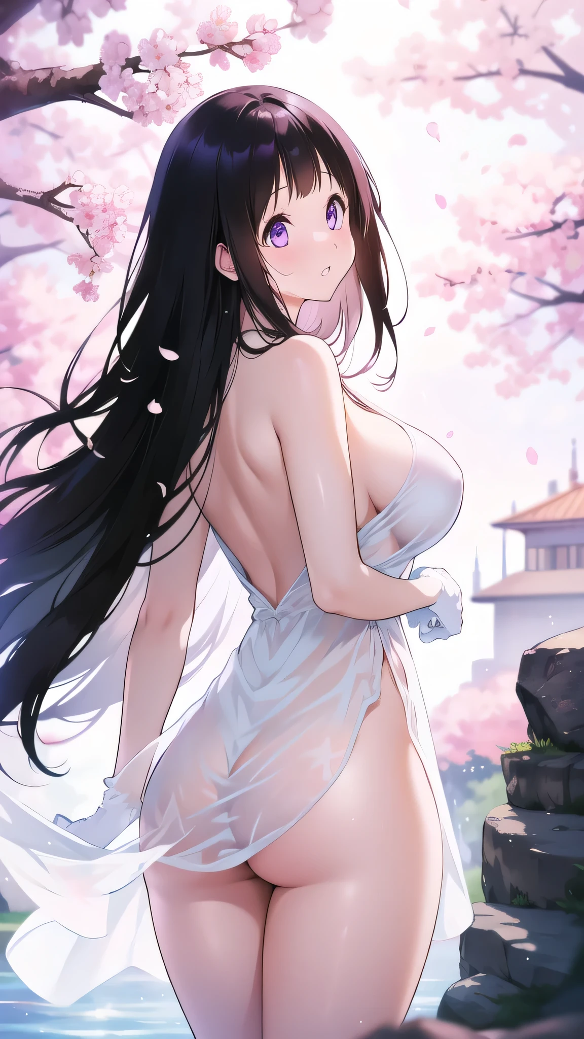 Amazing Chitanda, There is only one beautiful girl,Purple Eyes, Black Hair, Very red face,Very white skin,Glowing skin,Skin as delicate as porcelain,Naturally straight hair, Straight bangs,Extremely refined,Open lips,Long flowing hair,Beautiful Girl, Like a dream,Slim,Slim waist,soft, (sensuous), (Kawaii), Dream quality,Beautiful big breasts,Sheer loose dress,areola,Completely naked,Lower edge of breast,White gloves,Flower decoration,Deep V neckline,Loose neckline,Wide neckline,In school,The wind blows the hair,Place your hands on your inner thighs,Thighs clamp hands,Wet skin,Sweaty and sweaty,Sweating all over,it is raining,Next to the cherry blossom trees,Back to,Lean over,Hips,Side body,Gluteal groove,Completely naked buttocks,Bare back,Completely naked back,Light transmission,(no pants),nopan,pussy juice,Bare shoulders,There are no shoulder straps,Bare neck,Exposed collarbone,Exposing breasts,Exposing breasts side,Exposing breasts,Show your waist,Show your buttocks,Show your thighs,Exposing the groin,(No pants),extremely shy,Ultra-high resolution, (masterpiece:1.2, best quality), (Delicate and beautiful eyes: 1.2), (Beautiful and delicate face)