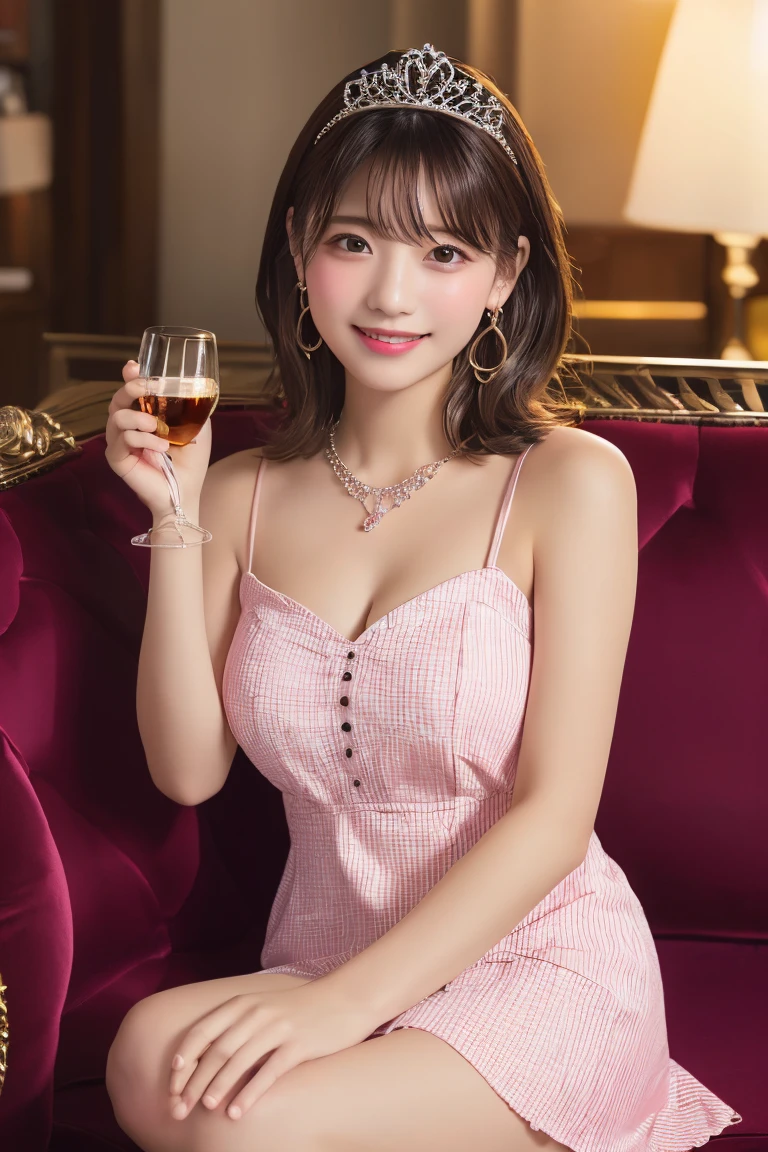 Highest quality, (beautiful)、A pink mini dress with shoulder straps、Larger breasts、Brown Hair、looking at the camera、Sit on the sofa、Close-up、smile、pub、tiara、necklace、Earrings、Holding a glass in your hand、dim