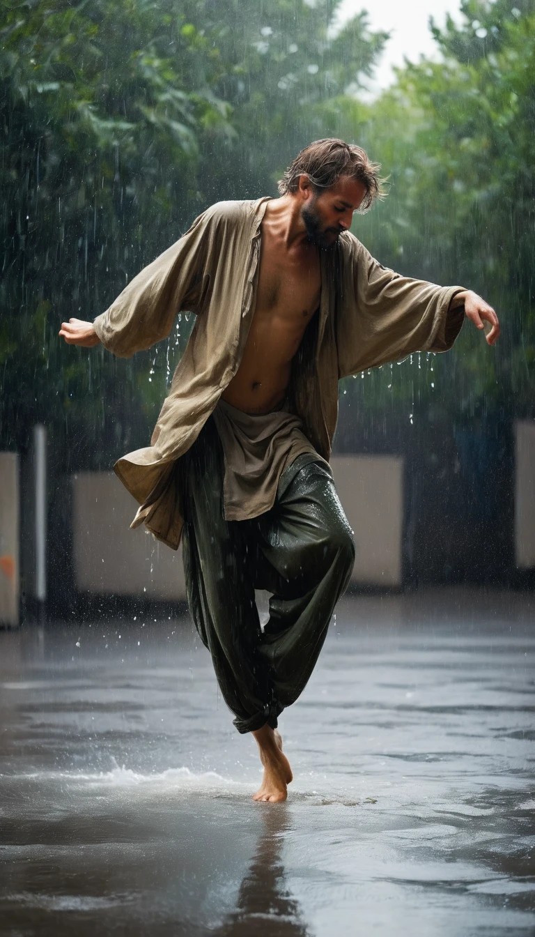 Soul Dancer Mark,A homeless man dancing alone in the rain,Interesting soul,Barefoot,Loose and worn clothes,Professional ballet movements,Very contagious,Splash,Light and Shadow,Minimalism,artistic conception,Clean background