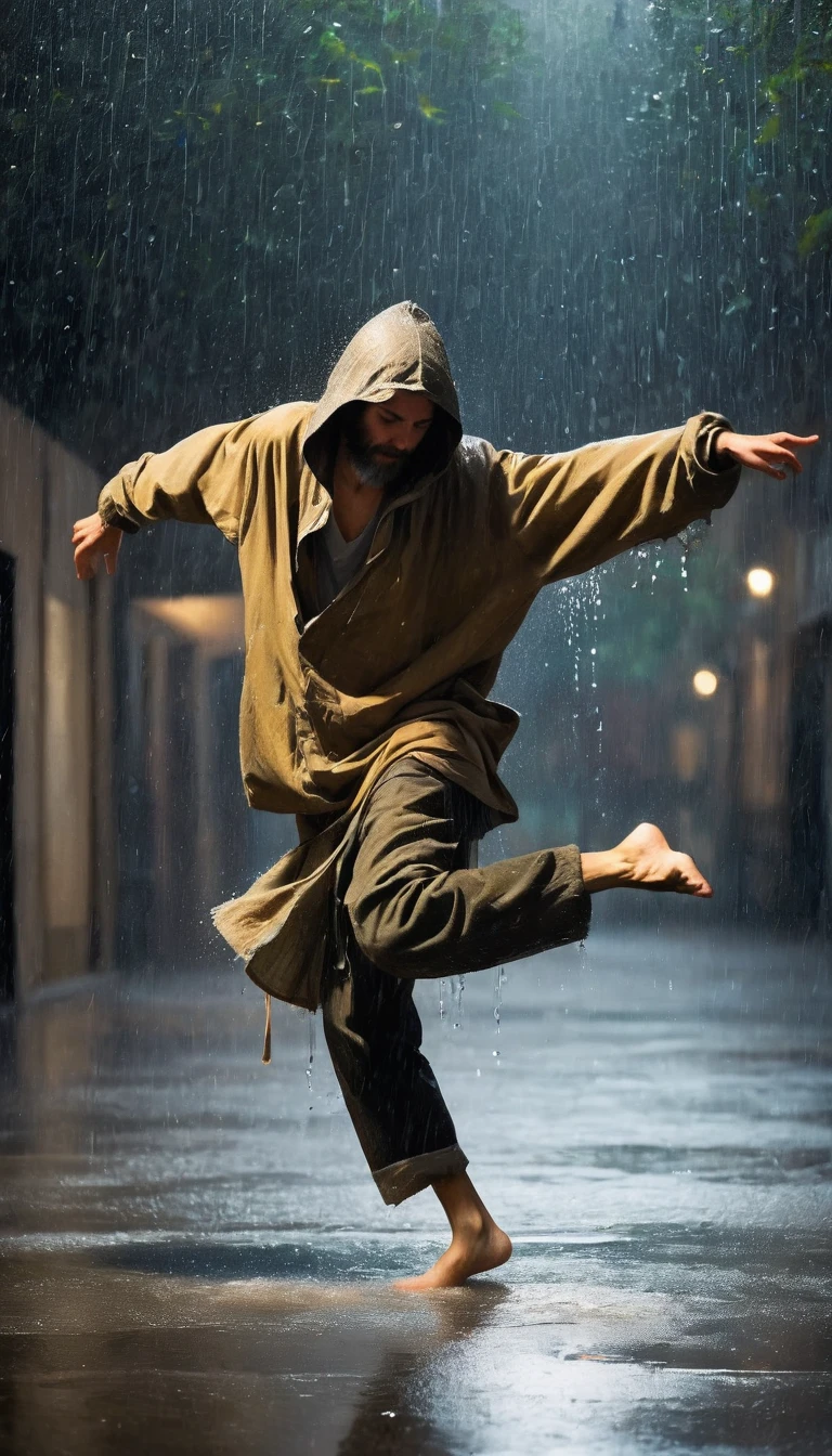 Soul Dancer Mark,A homeless man dancing alone in the rain,Interesting soul,Barefoot,Loose and worn clothes,Professional ballet movements,Very contagious,Splash,Light and Shadow,Minimalism,artistic conception,Clean background