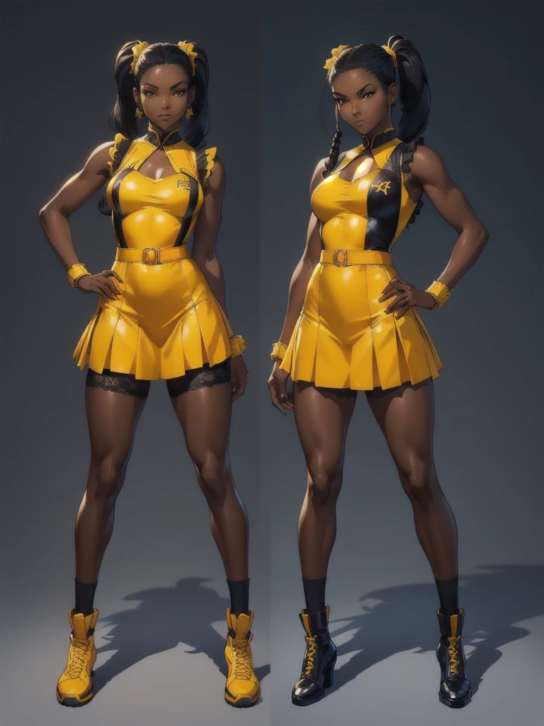 ((best quality)), ((4k)), ((highres)), ((masterpiece:1.2)). ((detailed)), ((ultra realistic)), ((intricate details)), ((full body picture)), ((character design sheet)), ((blank background)), ((standing in a blank background)), full body shot of a beautiful black female, ebony beauty, woman, 18 years old girl, dark brown skin, about 5'5 ft. tall, smirk on her face, ((smirking)), long curly black hair, ((long curly hair)), long hair, high pigtails, (((high pigtails)), dressed in a yellow sleeveless babydoll dress, ((EMPHASIS ON HER YELLOW SLEEVELESS BABYDOLL DRESS)), black leather belt on her waist, bare legs, yellow school girl HIGH SOCKS AND school girl BLACK SHOES, fighting game character design, tekken character design, the king of fighters character concept art, character concept art, full body, 18 years old female fighter, girly girl, cute girl, girly fighter character concept art