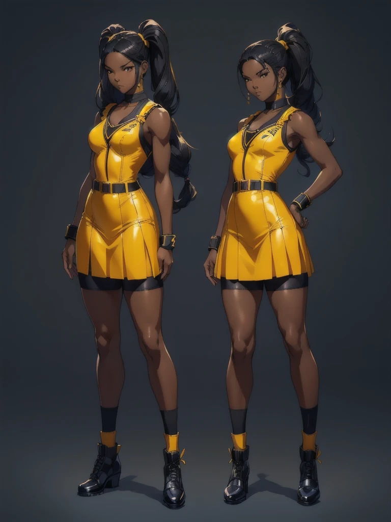 ((best quality)), ((4k)), ((highres)), ((masterpiece:1.2)). ((detailed)), ((ultra realistic)), ((intricate details)), ((full body picture)), ((character design sheet)), ((blank background)), ((standing in a blank background)), full body shot of a beautiful black female, ebony beauty, woman, 18 years old girl, dark brown skin, about 5'5 ft. tall, smirk on her face, ((smirking)), long curly black hair, ((long curly hair)), long hair, high pigtails, (((high pigtails)), dressed in a yellow sleeveless babydoll dress, ((EMPHASIS ON HER YELLOW SLEEVELESS BABYDOLL DRESS)), black leather belt on her waist, bare legs, yellow school girl HIGH SOCKS AND school girl BLACK SHOES, fighting game character design, tekken character design, the king of fighters character concept art, character concept art, full body, 18 years old female fighter, girly girl, cute girl, girly fighter character concept art