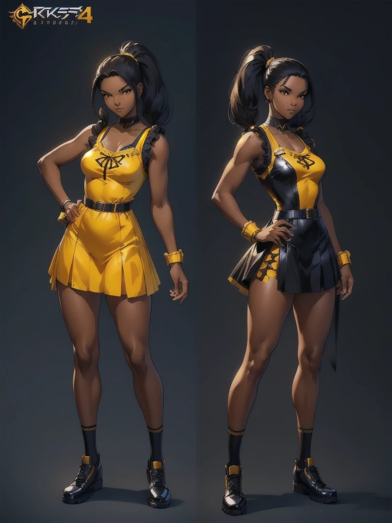 ((best quality)), ((4k)), ((highres)), ((masterpiece:1.2)). ((detailed)), ((ultra realistic)), ((intricate details)), ((full body picture)), ((character design sheet)), ((blank background)), ((standing in a blank background)), full body shot of a beautiful black female, ebony beauty, woman, 18 years old girl, dark brown skin, about 5'5 ft. tall, smirk on her face, ((smirking)), long curly black hair, ((long curly hair)), long hair, high pigtails, (((high pigtails)), dressed in a yellow sleeveless babydoll dress, ((EMPHASIS ON HER YELLOW SLEEVELESS BABYDOLL DRESS)), black leather belt on her waist, bare legs, yellow school girl HIGH SOCKS AND school girl BLACK SHOES, fighting game character design, tekken character design, the king of fighters character concept art, character concept art, full body, 18 years old female fighter, girly girl, cute girl, girly fighter character concept art