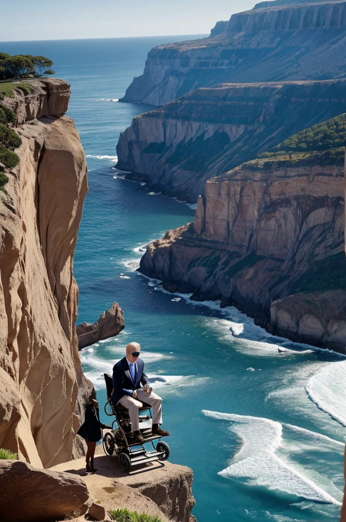 Joe Biden in a wheelchair on the edge of a cliff eating ice cream.
Kamala Harris is behind him.
Kamala Harris pushes him off a cliff.