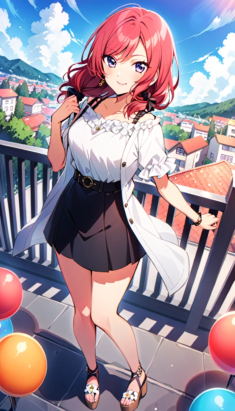 One girl, Maki Nishikino's whole body, wearing clothes for going out in the city in midsummer, id_maki_nishikino, town background