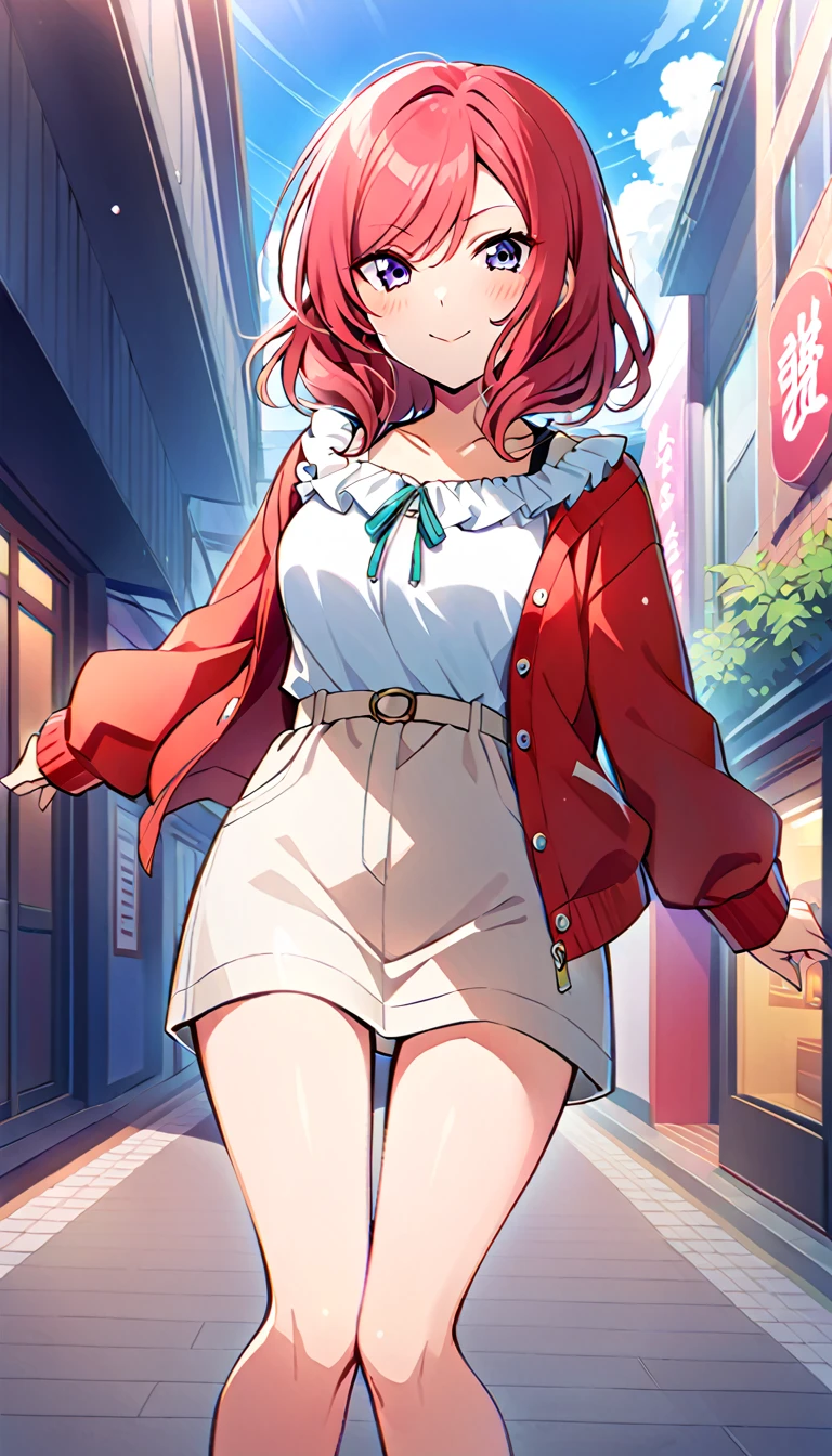 One girl, Maki Nishikino's whole body, wearing clothes for going out in the city in midsummer, id_maki_nishikino, town background