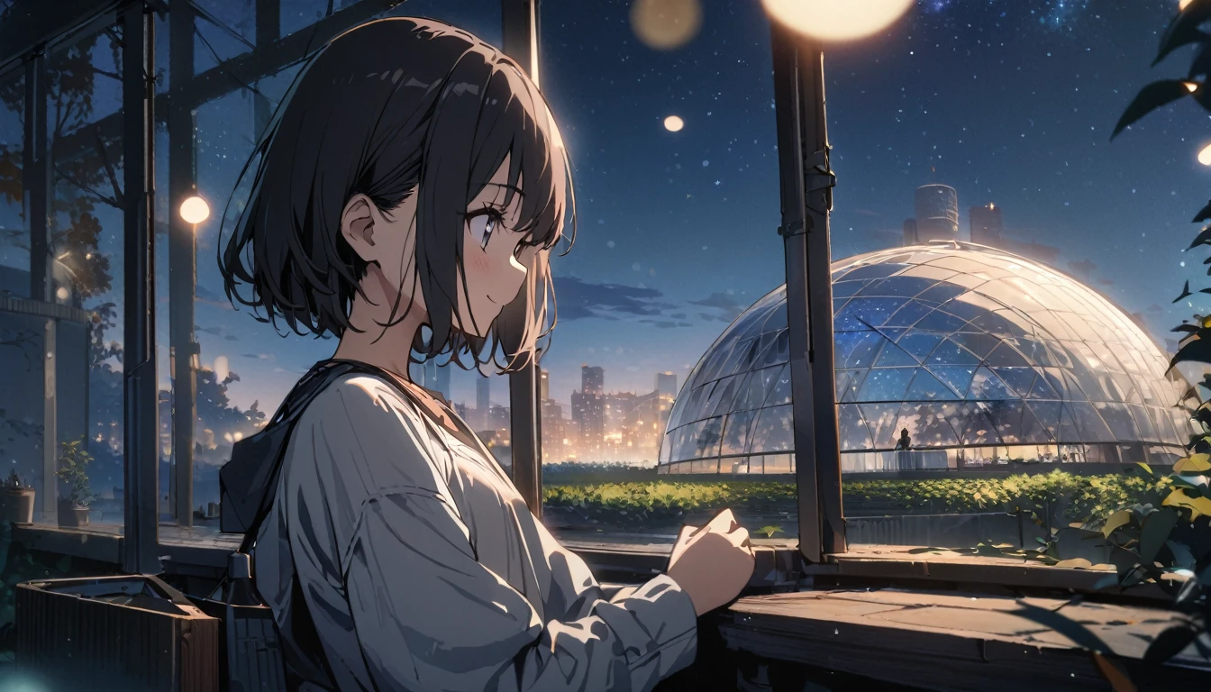 1girl, solo, gentle smile on her face flat chest, short hair, black hair, upper body, ((masterpiece, illustration, best quality)) ((best quality)), ((masterpiece)), (detailed), Highest quality, masterpiece, Very detailed, Detailed Background, anime, 1 Girl, Young girl, Short girl, SF, SF, Outdoor, night, Starry Sky, greenhouse, giant structure, Biodome, Wind景, scenery, horizon, rooftop, sitting on rooftop, Wind, avert your eyes, Atmospheric lighting, Focus Only, close, From the side, Written boundary depth, Bokeh