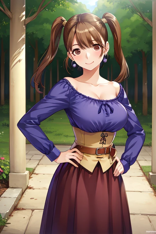 anegasaki nene、Shiny brown hair, , Beautiful brown eyes、smile、Sparkling eyes, (Fine grain)、Ultra-detailed eyes、Very detailedな顔, Very detailedな目, Highest quality, Highest quality, 16K, Unbelievably absurd, Very detailed, 2.5D, delicate and dynamic,sunny forest、Lakeside , Movie Scenes, formal, Poster Design, (masterpiece, Highest quality:1.2), alone, One girl, smile, View your viewers, Hands on hips, Twin tails, Purple Shirt, Strapless Dress, corset, Earrings, belt,
