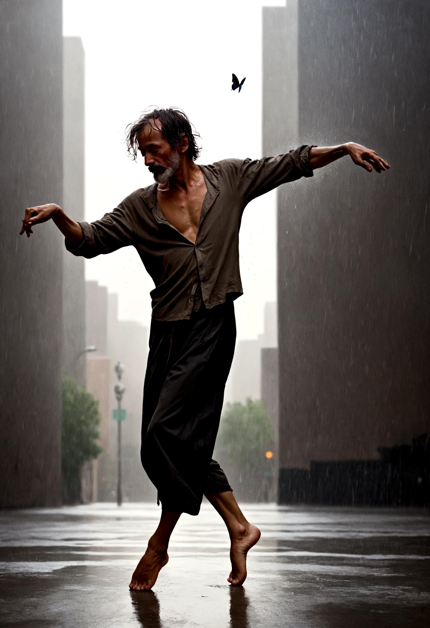 Soul Dancer Mark,A homeless man dancing alone in the rain，soul，Barefoot，Loose and worn clothes，Professional ballet movements，Fingertips 1 butterfly，Very contagious，Splash，Light and Shadow，Minimalism，artistic conception，Clean background