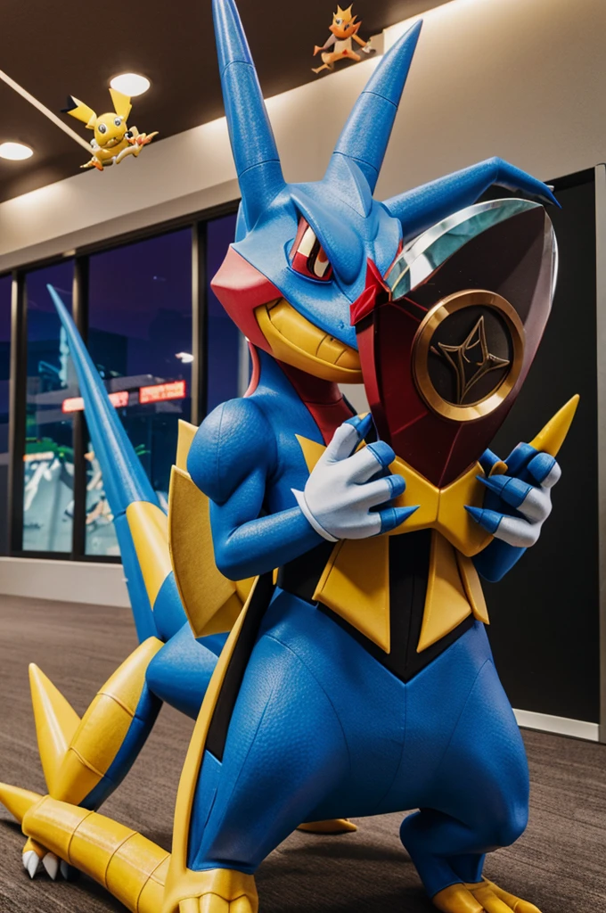 Ash holding trophy with greninja Charizard Pikachu sceptile dragonite gengar
