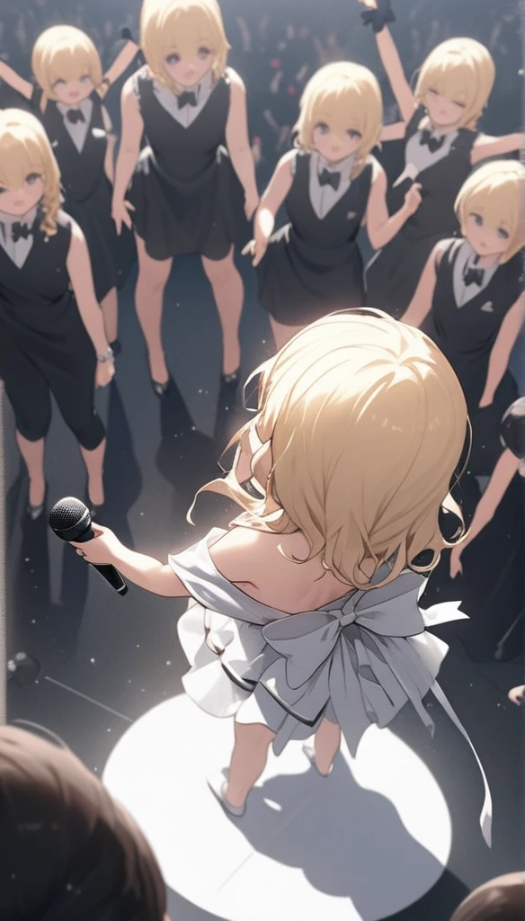 Chibi Character、、、blondes、Brat、Sing with a microphone、white idol costume,A back view of a singer singing to a large audience,Be showered with cheers,Pull angle,Full Shot,Accurate Body,Accurate 5-finger,wireless microphone,whole body,Angle from above and behind,Precisely structured body,From 10m behind