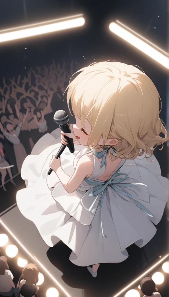 Chibi Character、、、blondes、Brat、Sing with a microphone、white idol costume,A back view of a singer singing to a large audience,Be showered with cheers,Pull angle,Full Shot,Accurate Body,Accurate 5-finger,wireless microphone,whole body,Angle from above and behind,Precisely structured body,From 10m behind