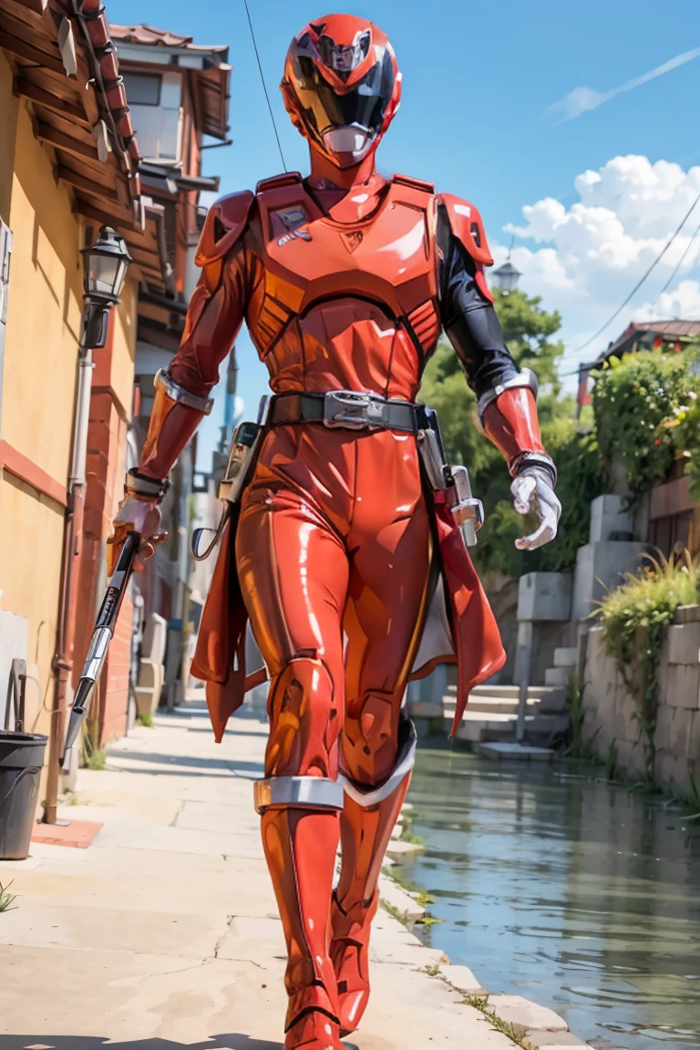 The sunset flies with the lonely geese in the distance, and the autumn river water and the vast sky are connected, icons,1boy, white, full body, Illustration, cinematic light, high resolution, best quality, ultra detailed, masterpiece, power suit, powerranger, suit, spd, (silver royal guard ranger suit), gold detail