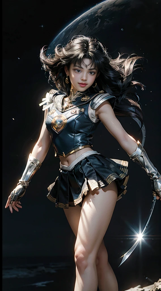(Extreme detail CG Unity 8K wallpaper, masterpiece, highest quality), (exquisite lighting and shadow, highly dramatic picture, cinematic lens effect), (Sailor Moon: 1.1), charming smile, double tail, blue eyes, BLACK hair, tight top, gloves, mini skirt, dynamic pose), the background is the universe (excellent detail, excellent lighting, wide angle), (excellent rendering, enough to stand out in its class),all,whole body,whole