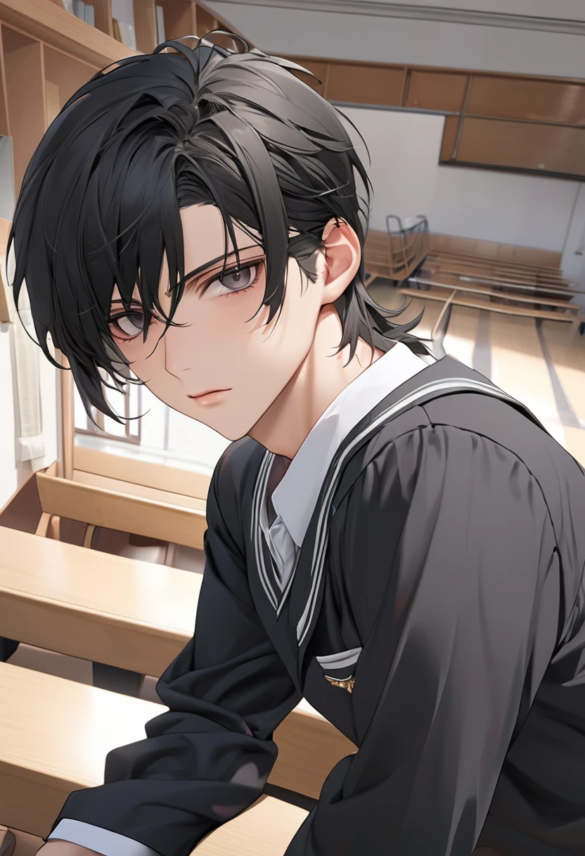 A highschool boy, handsome, perfect body, black hair, short hair, mullet, black eyes, upturned eyes, expressionless, black highschool uniform, anime, first-person view, masterpiece, anatomically correct, high details, highres, best quality, super detail, 1080P