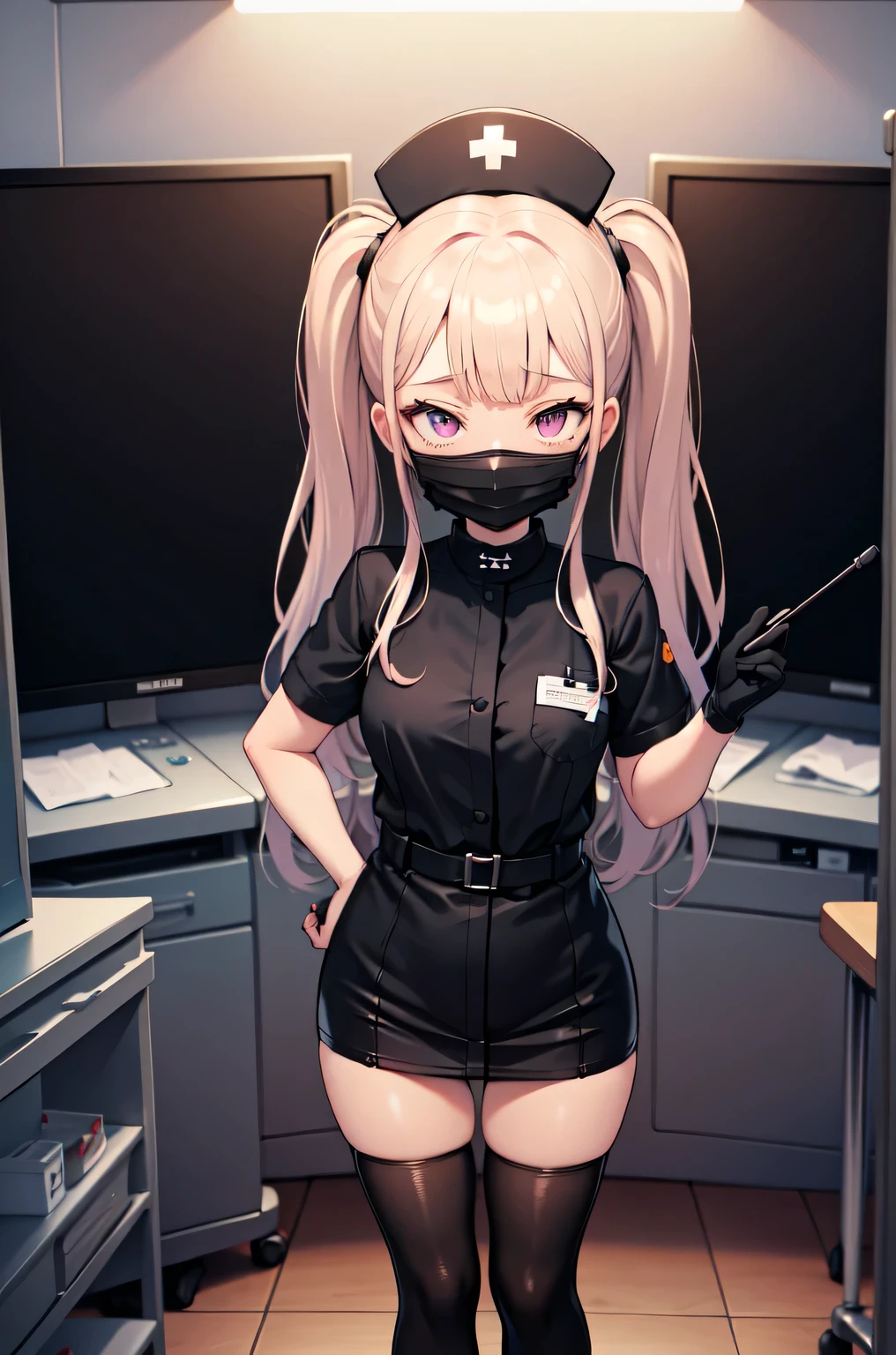 black nurse, 1girl, solo, black nurse cap, black nurse uniform, ((black legwear, zettai ryouiki)), black elbow gloves, twintails, yellow hair, purple eyes, ((black surgical mask, covered nose)), standing, ((surgery room)), sharp outline, short sleeves, best quality, masterpiece
