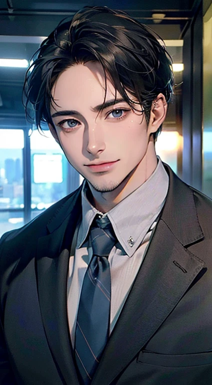 (best quality,4k,8k,highres,masterpiece:1.2),ultra-detailed,(realistic,photorealistic,photo-realistic:1.37),1 man,31 years old,mature man,very handsome,without expression,smile,short grey black hair,blue eyes,penetrating gaze,perfect face without errors,imposing posture,businessman,office background,cinematic lighting,hdr image