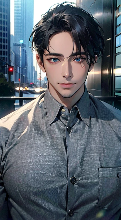 (best quality,4k,8k,highres,masterpiece:1.2),ultra-detailed,(realistic,photorealistic,photo-realistic:1.37),1 man,31 years old,mature man,very handsome,without expression,smile,short grey black hair,blue eyes,penetrating gaze,perfect face without errors,imposing posture,businessman,office background,cinematic lighting,hdr image