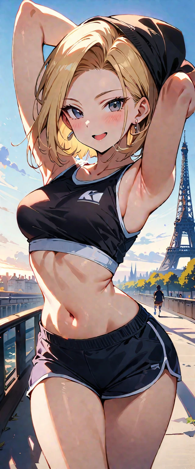 (masterpiece, best quality:1.2), solo, Android 18 from Dragon Ball, ((crop sport bra)), (short dolphin shorts), medium breasts, short blonde hair loose, ((black eyes)), earrings on earlobes, slender feminine figure, narrow waistline, skinny body, (plane black cap), (cap without logo), sky, head tilt, looking at viewer, light blush, shot from behind, looking back, back view, beautiful armpits, arms up, walking, the Eiffel Tower, outside, natural lighting and shadows, magnificent view, blur background, 4K, open mouth, smile, portrait,