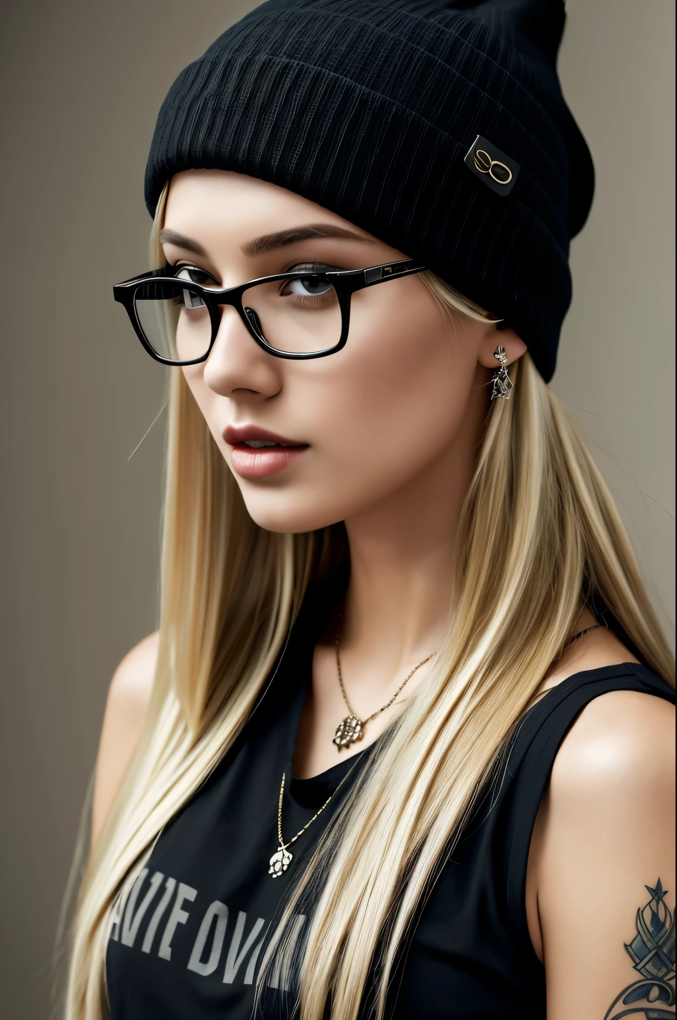 1girl in, age18, sexy nerd, Solo, long hair, Looking at Viewer, long blonde hair, shoulders, jewellery, rock band loose vest tshirt, tattoos.
Full body, (extremely detailed 8k wallpaper), soft lighting, high quality, film grain, Fujifilm XT3 sharp focus, f 5.6,
High Detail, Sharp focus,(natural light), (closeup:1.2), (seductive),
Realistic, A sexy young girl, seductive, alluring. biting lower lip
expression of desire, passion, lust, want.
black glasses, beanie hat, jewellery