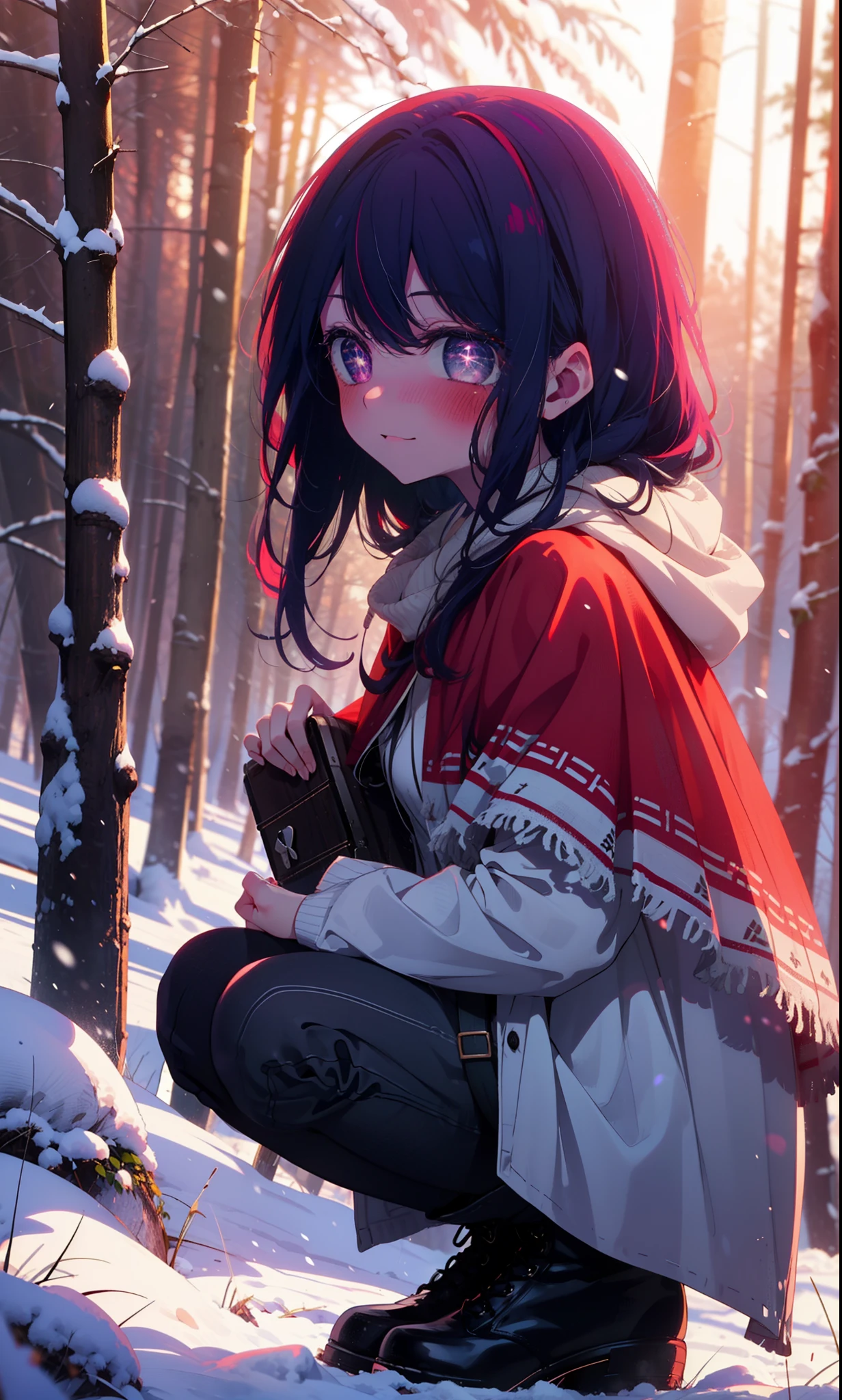 aihoshino, Ai Hoshino, Long Hair, bangs, (Purple eyes:1.1), Purple Hair, (Symbol-shaped pupil:1.5), smile,,smile,blush,White Breath,
Open your mouth,snow,Ground bonfire, Outdoor, boots, snowing, From the side, wood, suitcase, Cape, Blurred, , forest, White handbag, nature, Squat, Mouth closed, Cape, winter, Written boundary depth, Black shoes, red Cape break looking at viewer, Upper Body, whole body, break Outdoor, forest, nature, break (masterpiece:1.2), Highest quality, High resolution, unity 8k wallpaper, (shape:0.8), (Beautiful and beautiful eyes:1.6), Highly detailed face, Perfect lighting, Extremely detailed CG, (Perfect hands, Perfect Anatomy),
