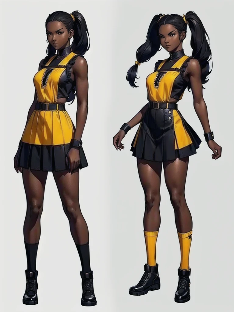 ((best quality)), ((4k)), ((highres)), ((masterpiece:1.2)). ((detailed)), ((ultra realistic)), ((intricate details)), ((full body picture)), ((character design sheet)), ((blank background)), ((standing in a blank background)), full body shot of a beautiful black female, ebony beauty, woman, 18 years old girl, dark brown skin, about 5'5 ft. tall, smirk on her face, ((smirking)), long curly black hair, ((long curly hair)), long hair, high pigtails, (((high pigtails)), dressed in a yellow sleeveless babydoll dress, ((EMPHASIS ON HER YELLOW SLEEVELESS BABYDOLL DRESS)), black leather belt on her waist, bare legs, yellow school girl HIGH SOCKS AND school girl BLACK SHOES, fighting game character design, tekken character design, the king of fighters character concept art, character concept art, full body, 18 years old female fighter, girly girl, cute girl, girly fighter character concept art