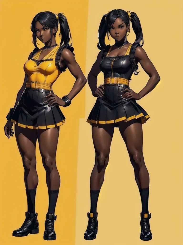 ((best quality)), ((4k)), ((highres)), ((masterpiece:1.2)). ((detailed)), ((ultra realistic)), ((intricate details)), ((full body picture)), ((character design sheet)), ((blank background)), ((standing in a blank background)), full body shot of a beautiful black female, ebony beauty, woman, 18 years old girl, dark brown skin, about 5'5 ft. tall, smirk on her face, ((smirking)), long curly black hair, ((long curly hair)), long hair, high pigtails, (((high pigtails)), dressed in a yellow sleeveless babydoll dress, ((EMPHASIS ON HER YELLOW SLEEVELESS BABYDOLL DRESS)), black leather belt on her waist, bare legs, yellow school girl HIGH SOCKS AND school girl BLACK SHOES, fighting game character design, tekken character design, the king of fighters character concept art, character concept art, full body, 18 years old female fighter, girly girl, cute girl, girly fighter character concept art
